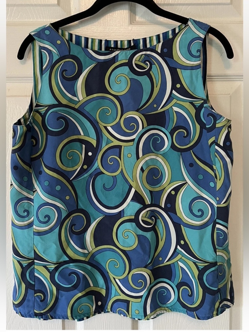 90s Vintage Silk Abstract Print Blouse Blue Green Y2K Artsy Coastal Chic - Picture 3 of 5